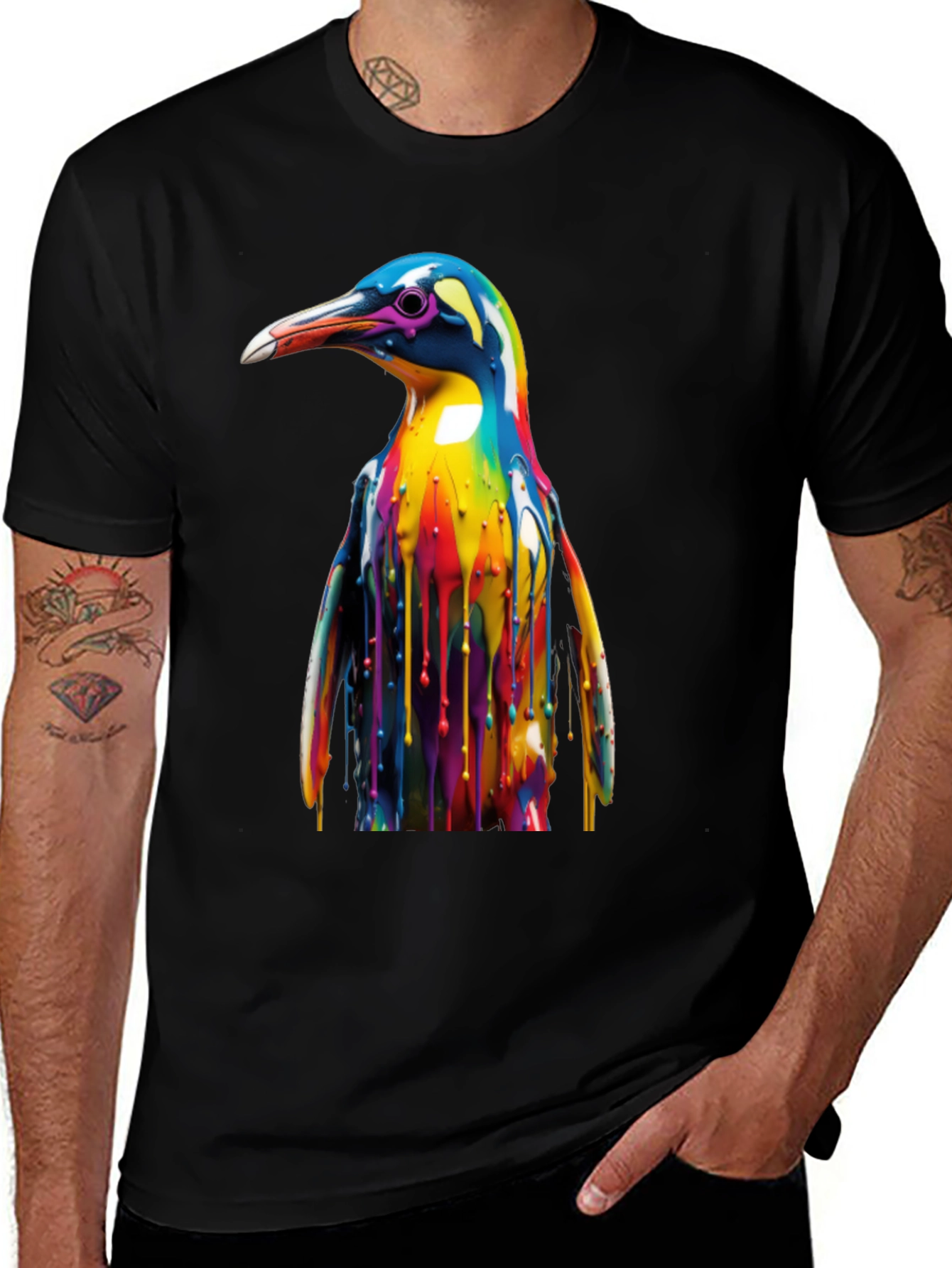 Vibrant Penguin T-Shirt: Colorful Drip Art Tee