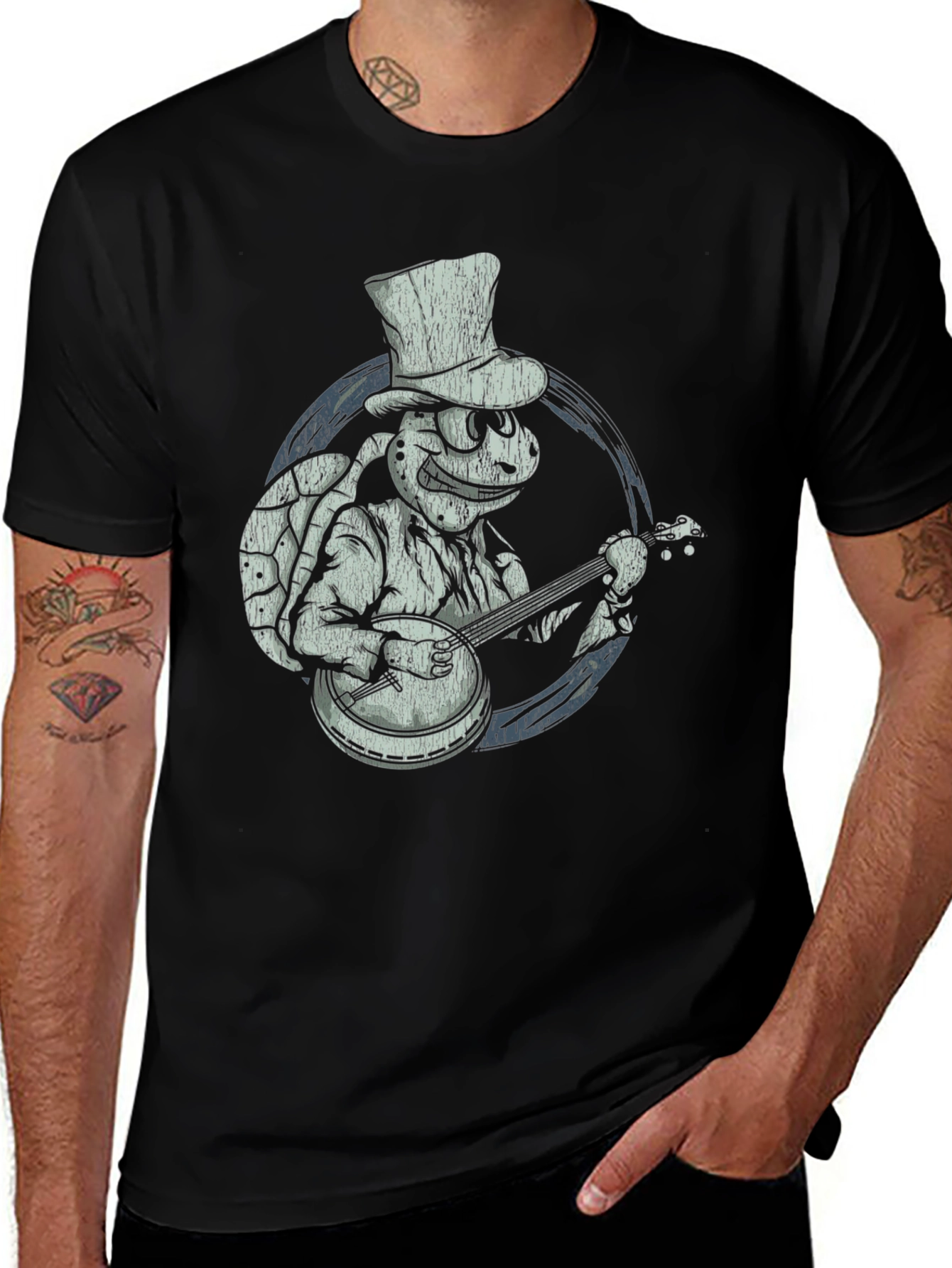 Variant 4 of Turtle Banjo Top Hat T-Shirt - Black Cotton