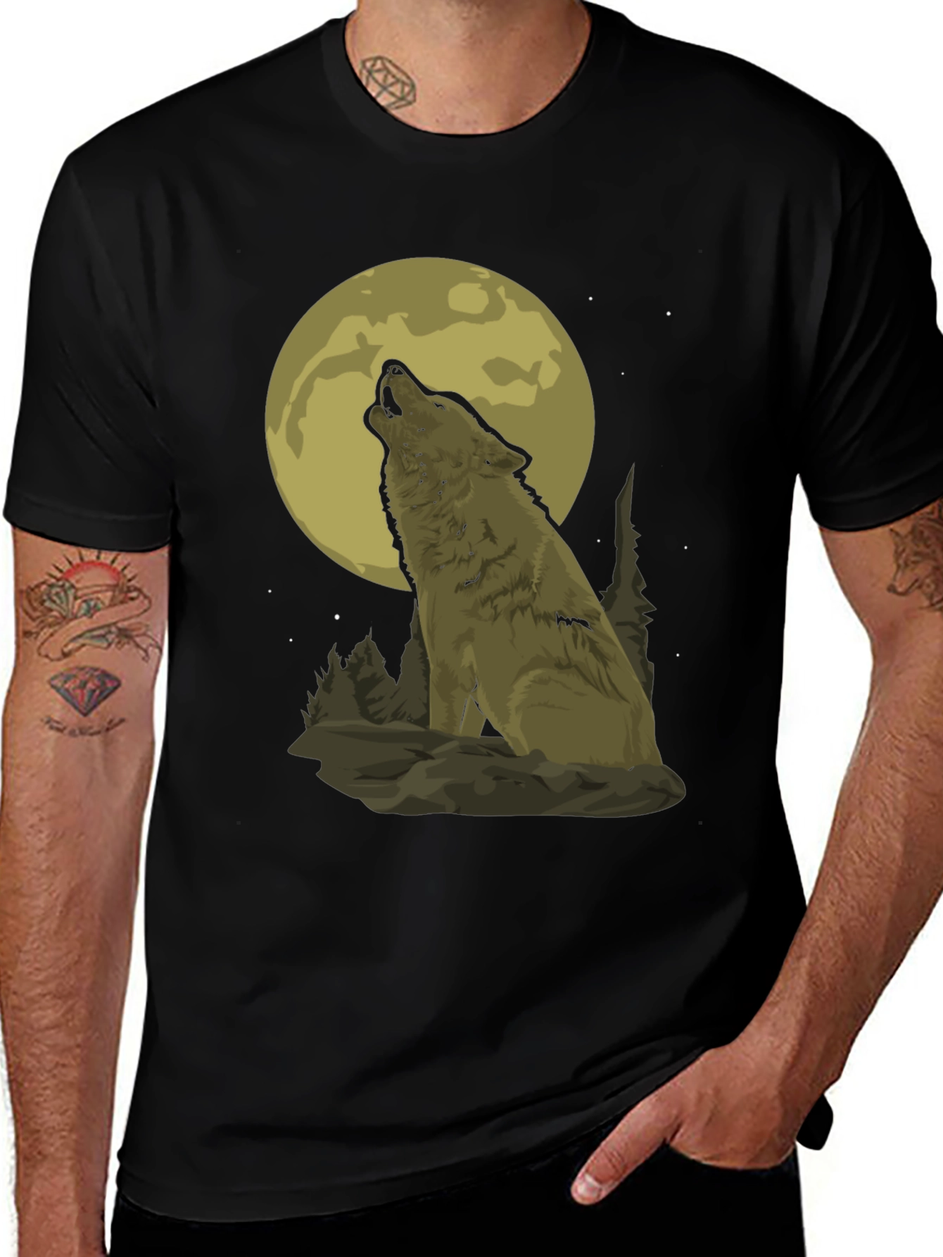 Variant 6 of Wolf Howling at Moon Graphic Tee - Black