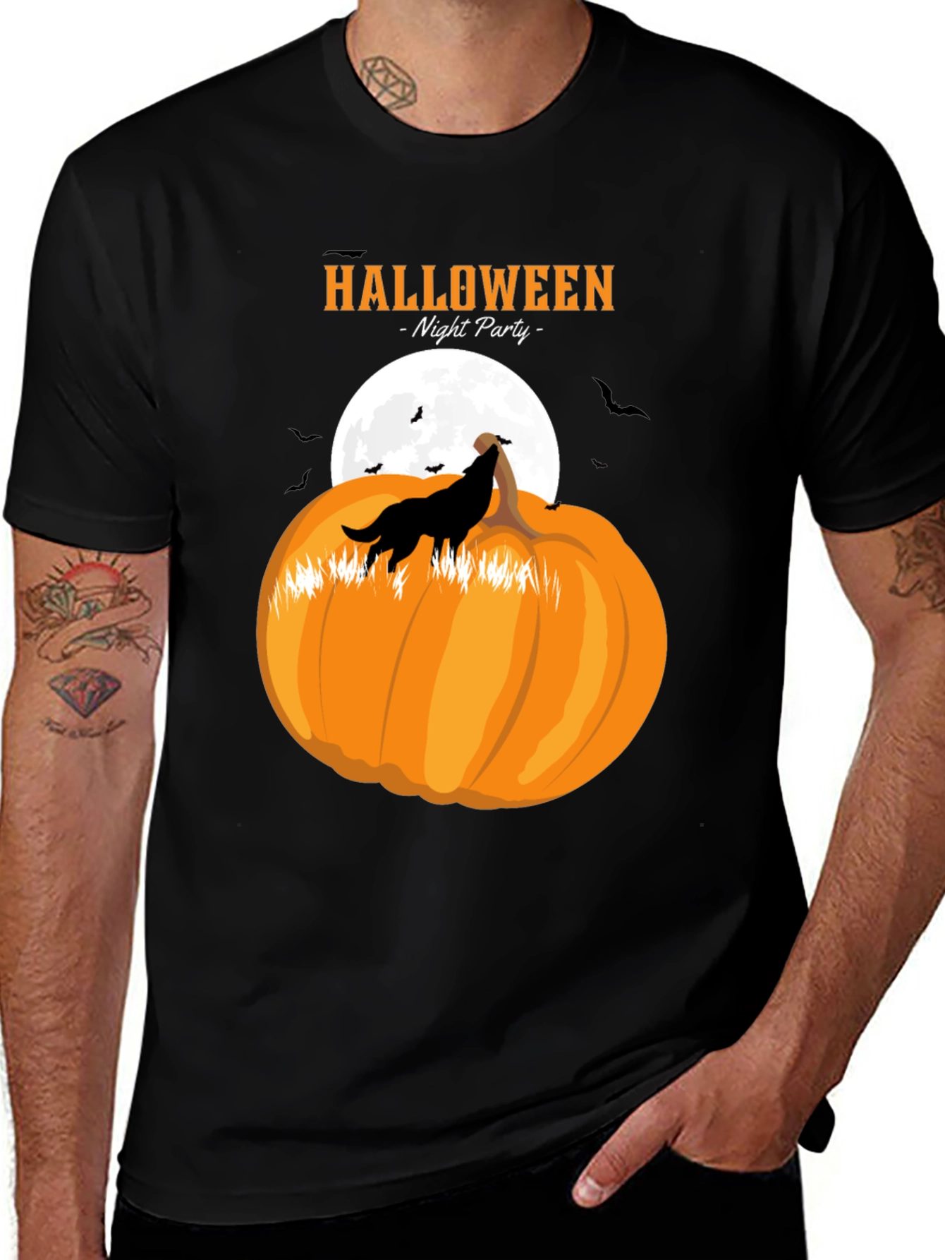 Halloween Night Party Wolf Pumpkin Black T-Shirt