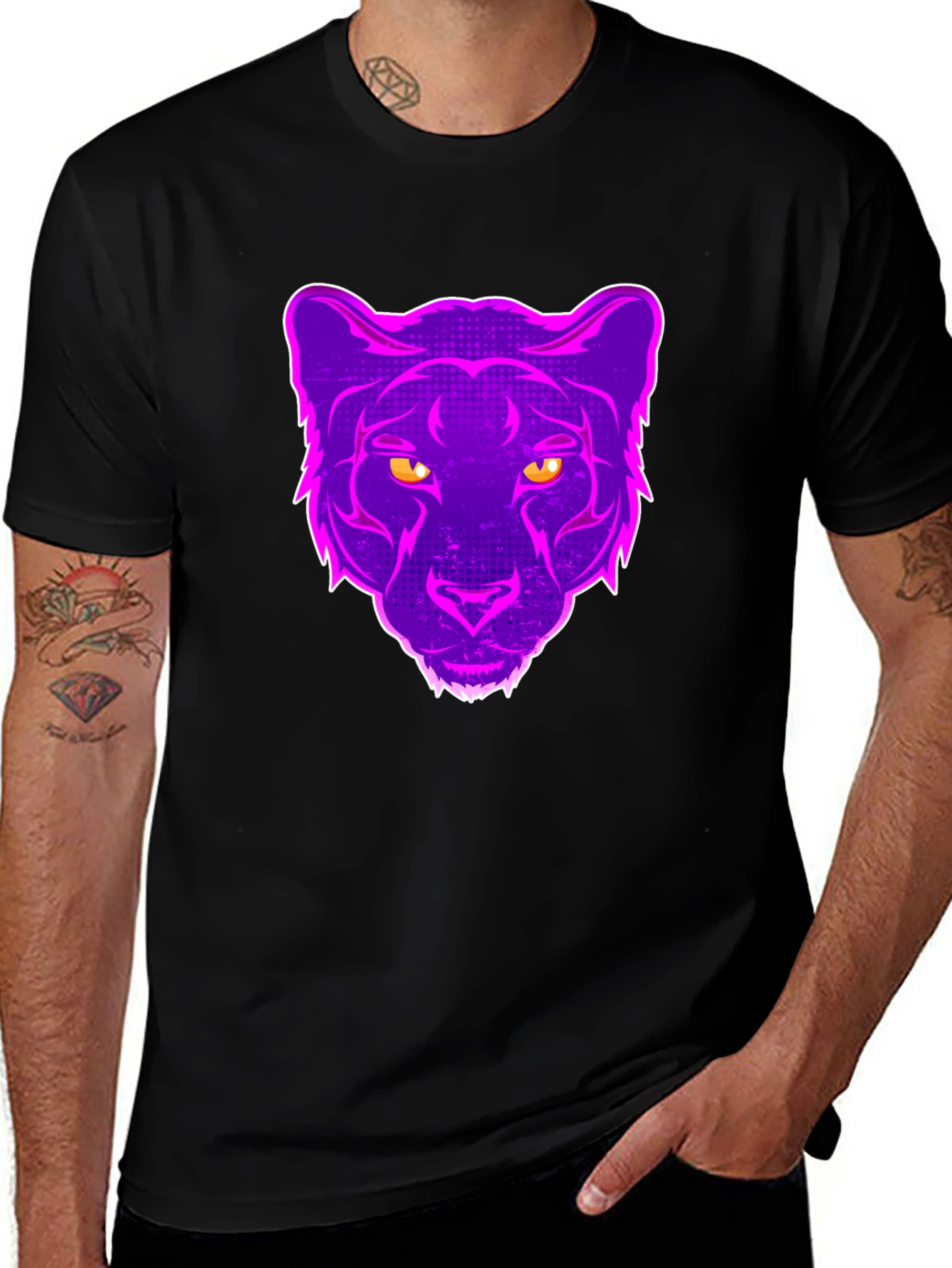 Neon Panther Graphic Tee - Black Cotton T-Shirt