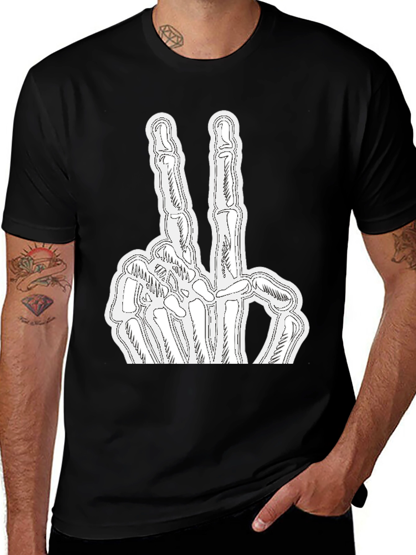 Variant 18 of Skeleton Peace Sign Black Graphic Tee