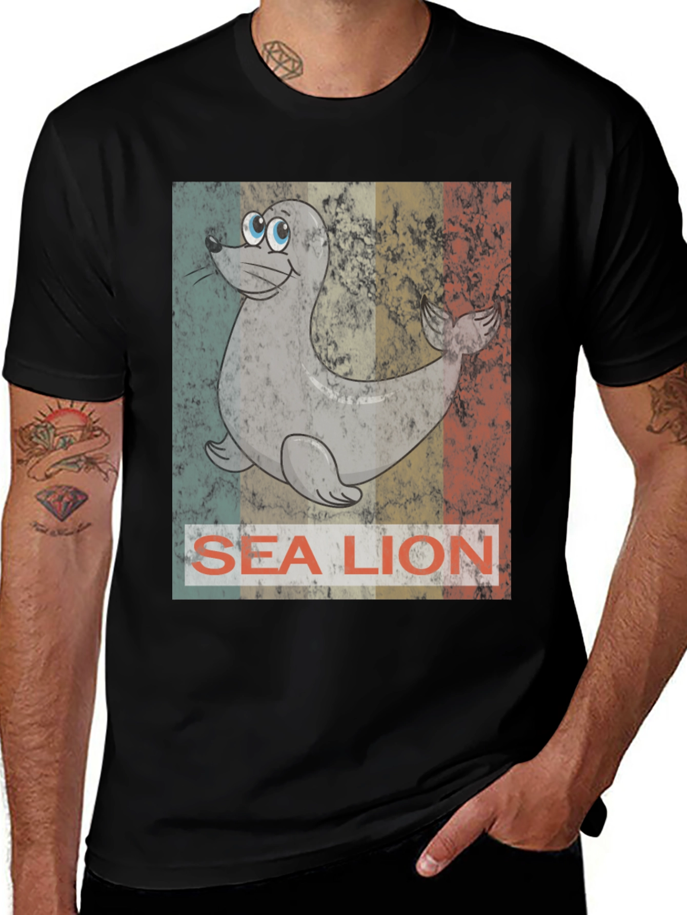Variant 10 of Sea Lion Graphic Tee - Retro Style Black T-Shirt