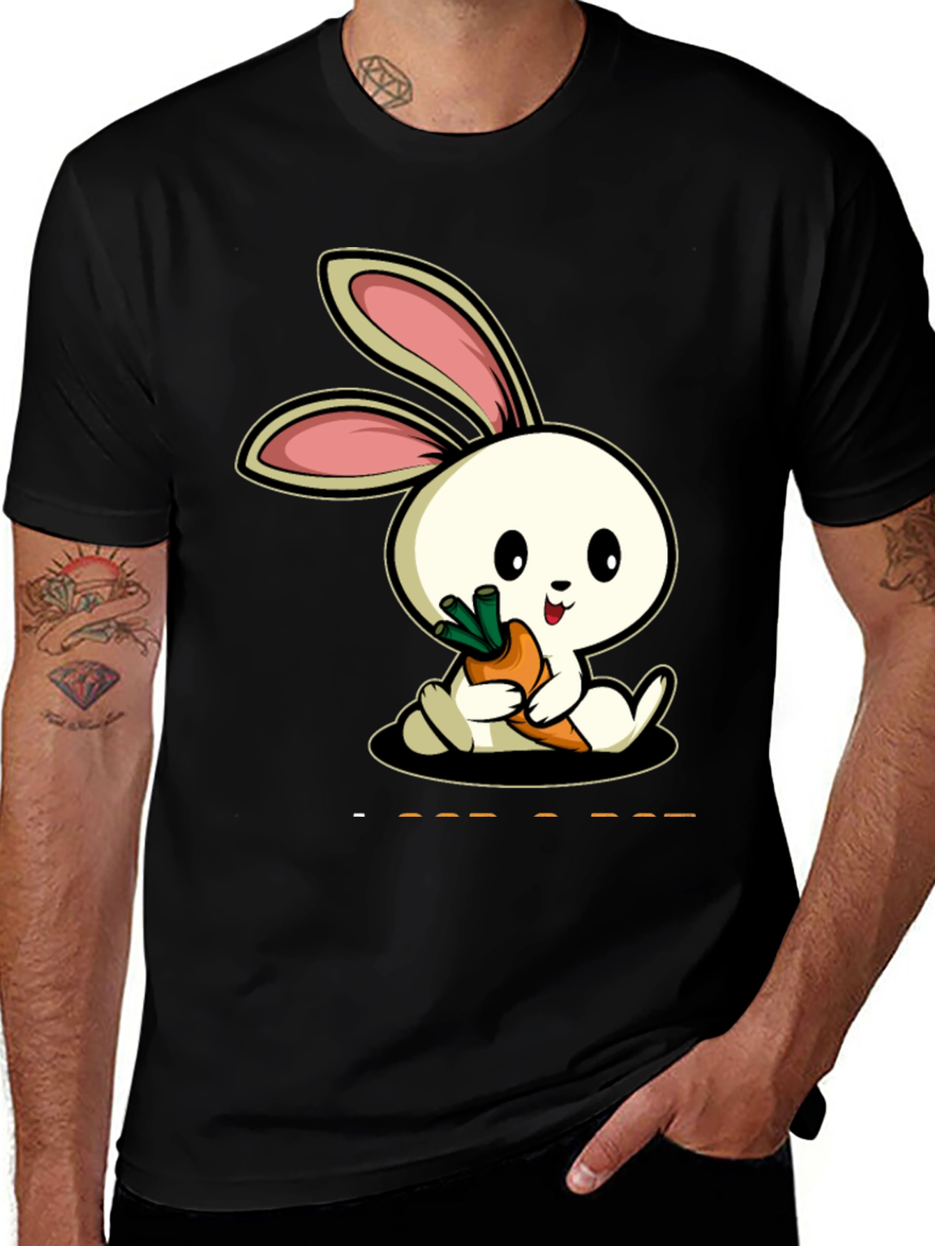 Cute Rabbit Carrot Graphic Black T-Shirt