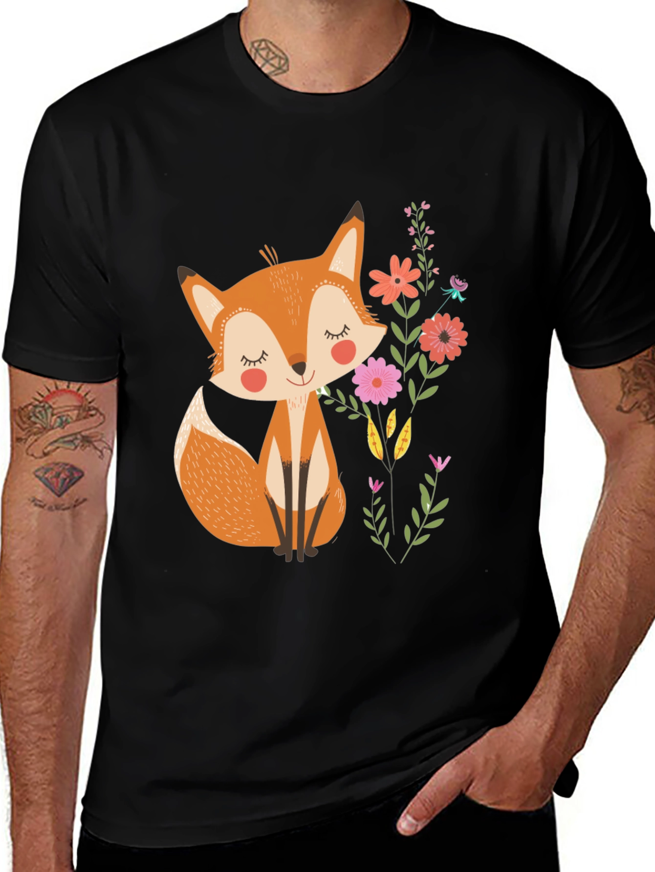 Variant 20 of Cute Fox & Flowers Black T-Shirt