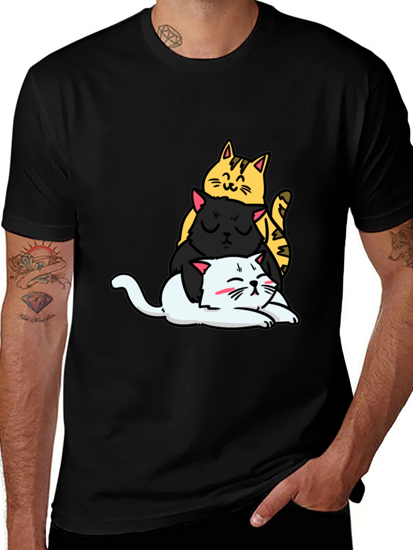 Stacked Cats Graphic Tee - Black Cotton T-Shirt