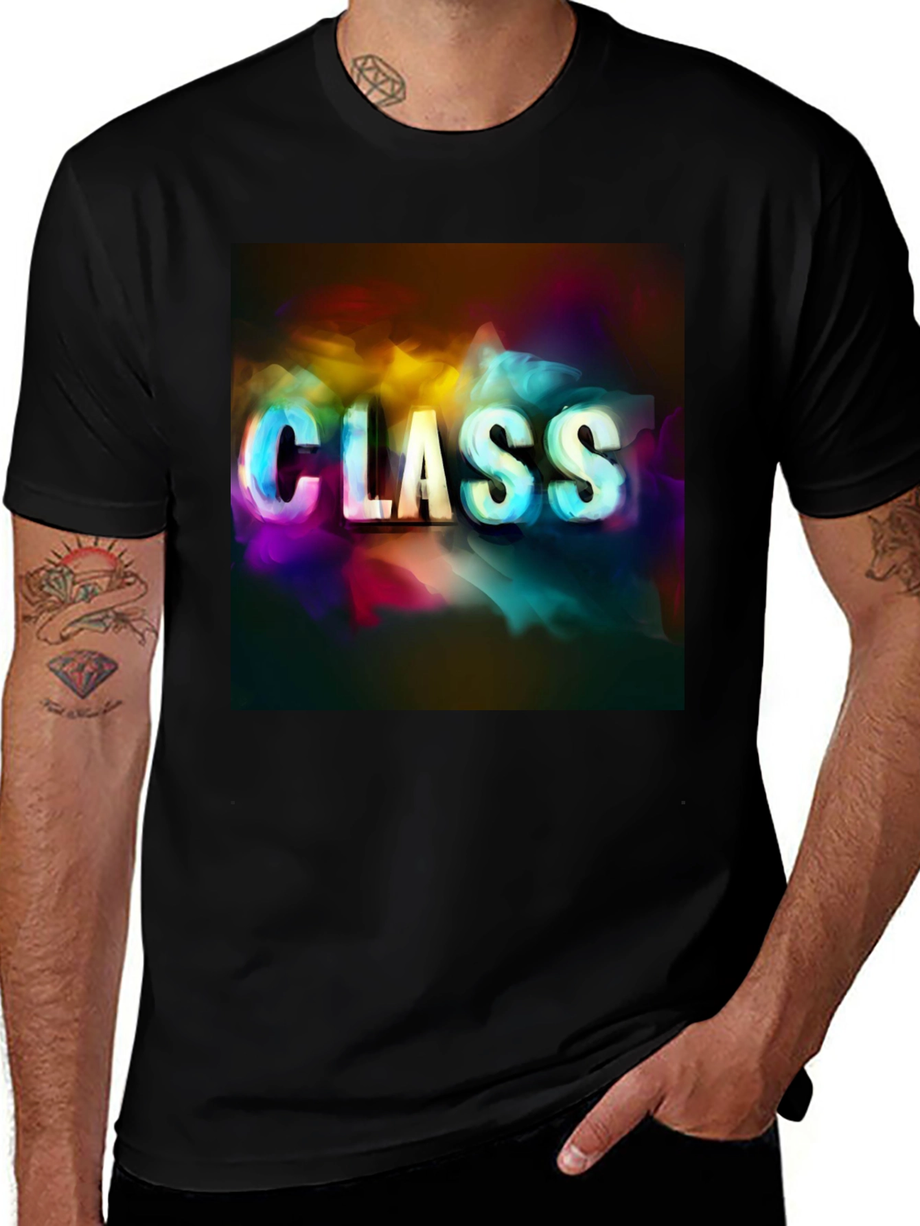 Variant 8 of Class T-Shirt: Colorful Lettering on Black Tee