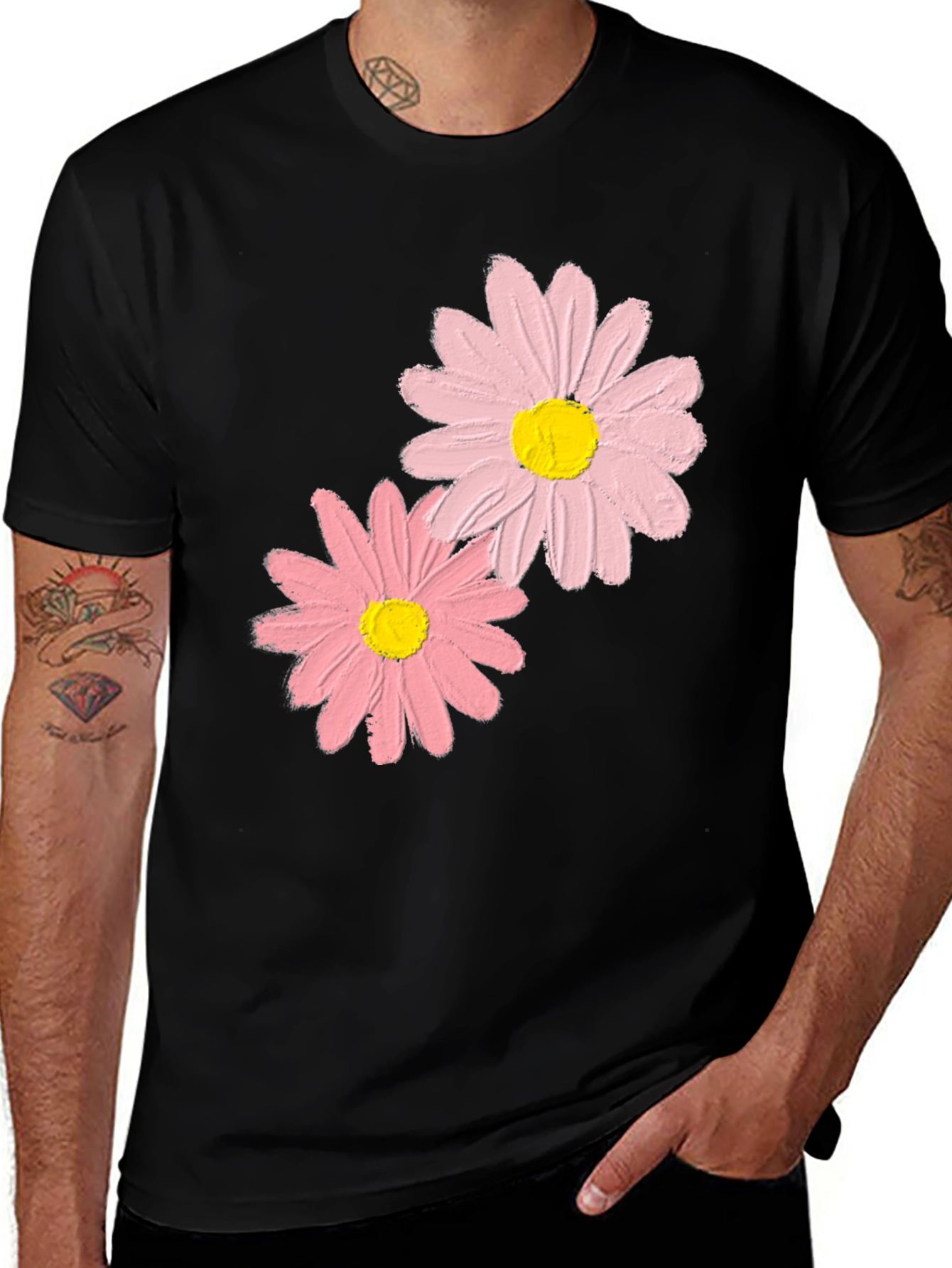 Variant 4 of Floral Graphic Tee - Pink Daisies on Black