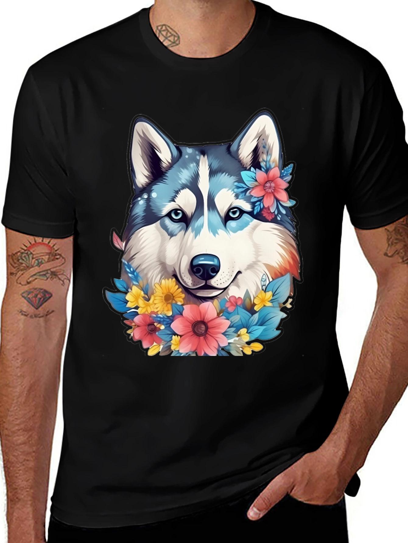 Variant 21 of Floral Husky Graphic Tee - Unisex Black T-Shirt