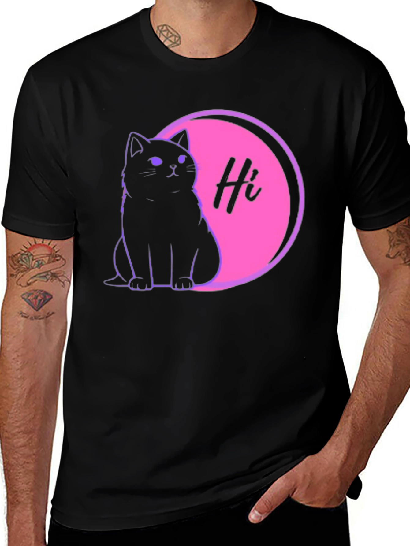 Cute Cat 'Hi' Graphic Black T-Shirt
