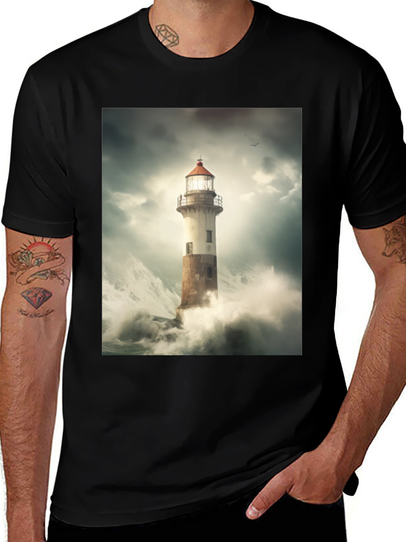 Variant 24 of Lighthouse Storm Graphic Tee - Black Cotton T-Shirt