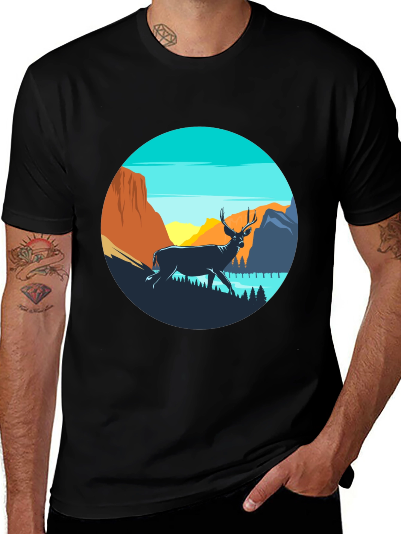 Nature Deer Graphic Black T-Shirt