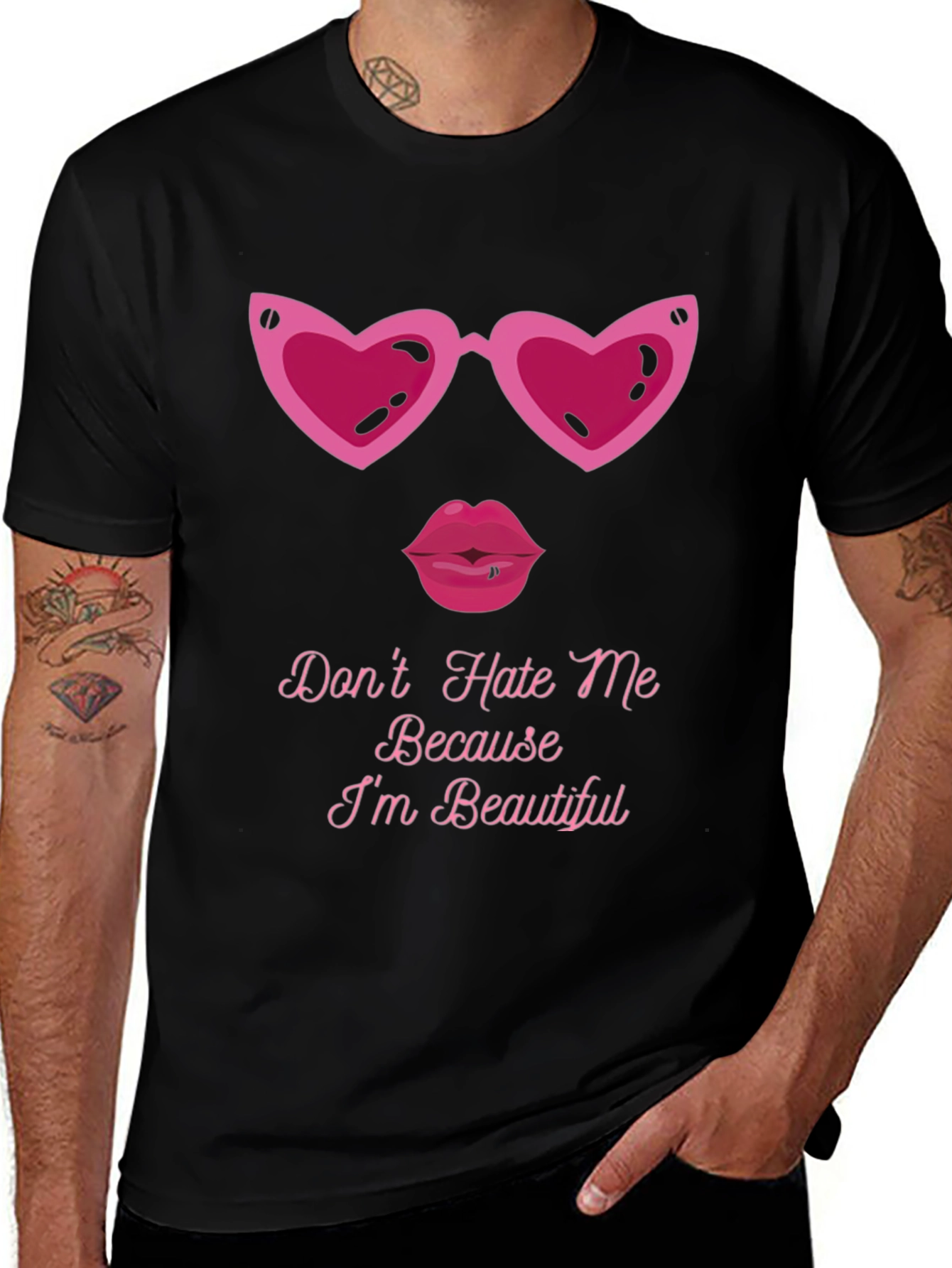 Variant 14 of Funny Pink Heart Glasses Lips Graphic Black T-Shirt