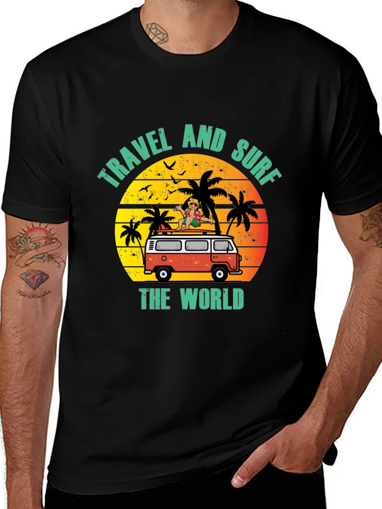 Travel and Surf the World Black T-Shirt