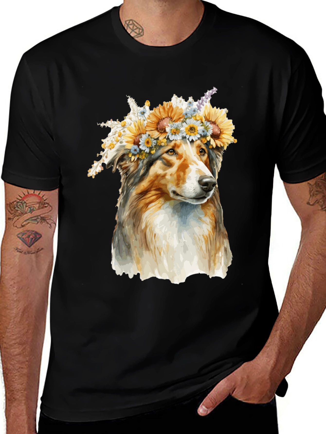 Variant 15 of Dog With Flower Crown Black Graphic Tee