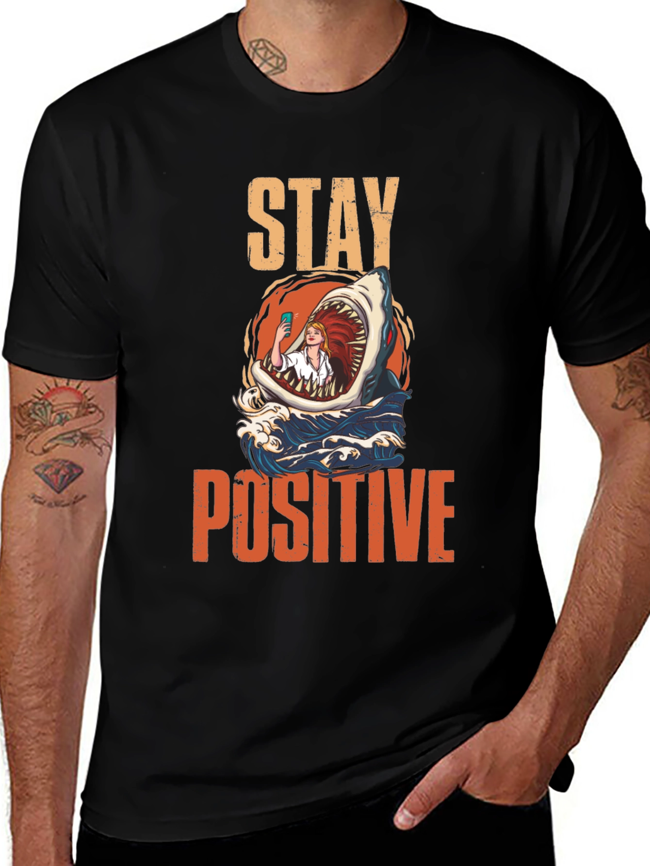 Variant 27 of Stay Positive Shark Selfie Graphic Tee