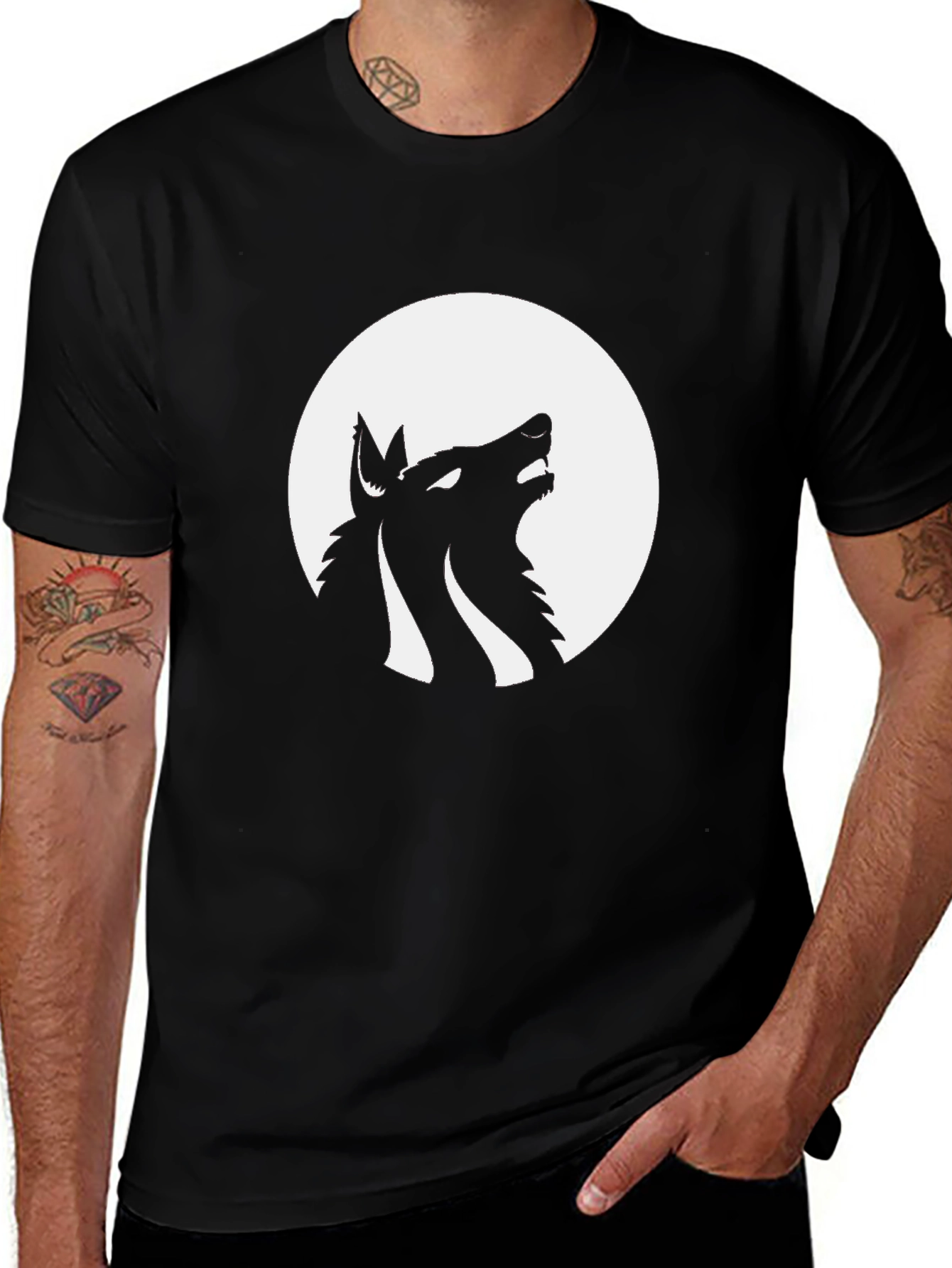 Variant 7 of Wolf Howling at Moon Graphic Tee - Black Cotton Blend