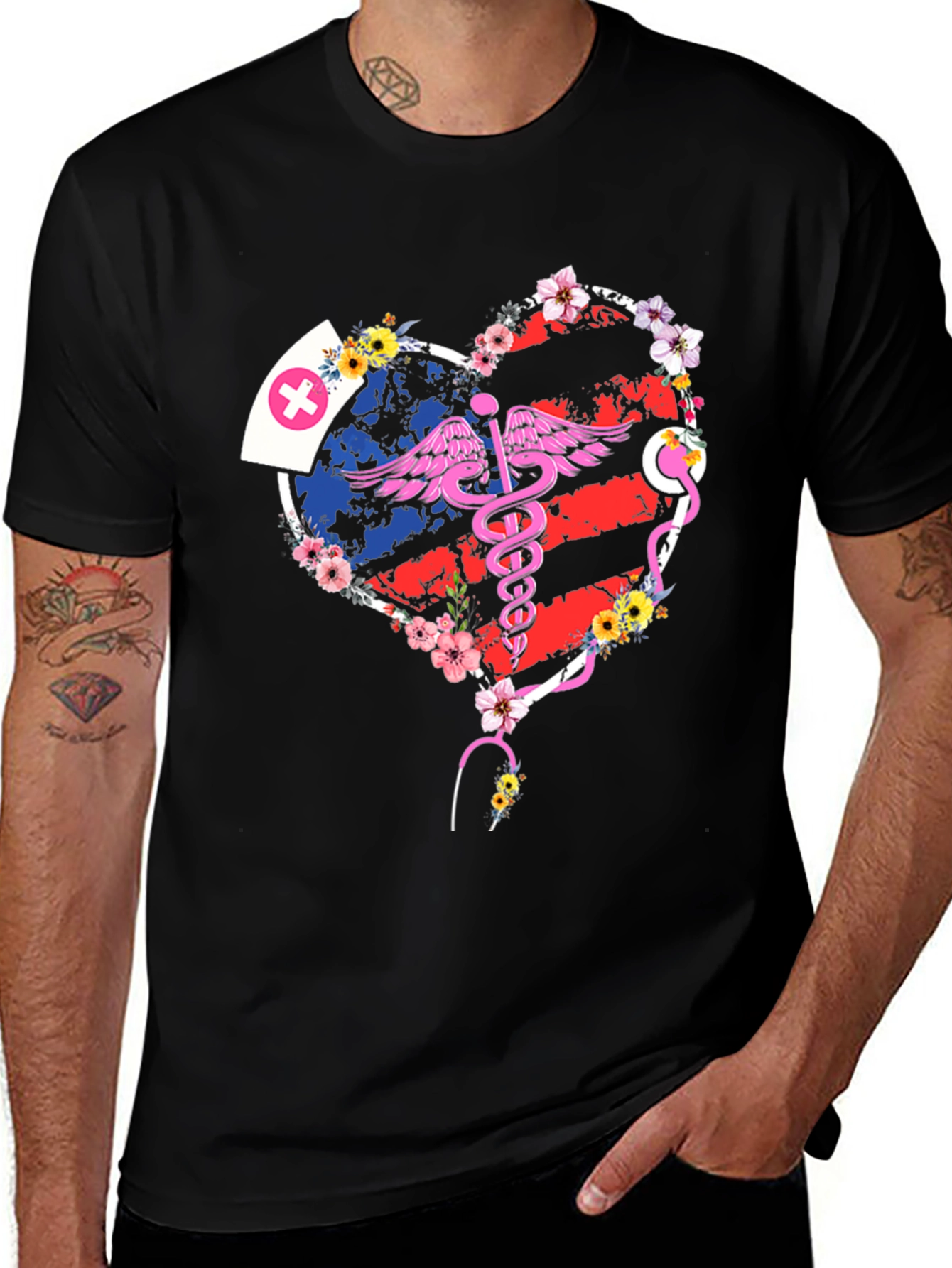 Black Nurse American Flag Heart T-Shirt main image