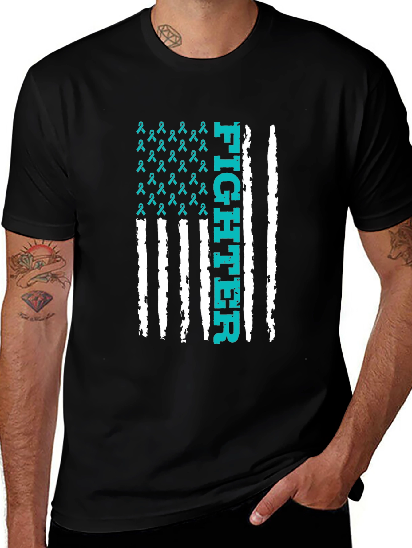 Variant 13 of Fighter Ribbon Graphic Tee - Teal Awareness Shirt