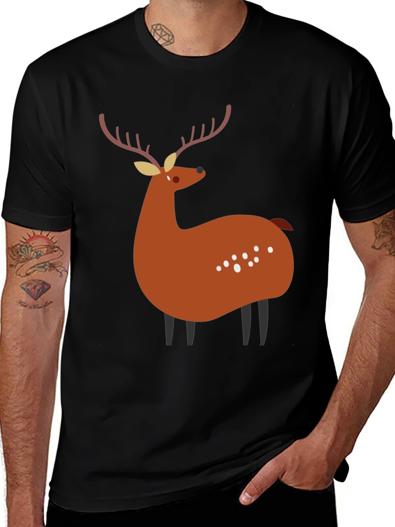 Variant 17 of Whimsical Deer Graphic Tee - Casual Black T-Shirt