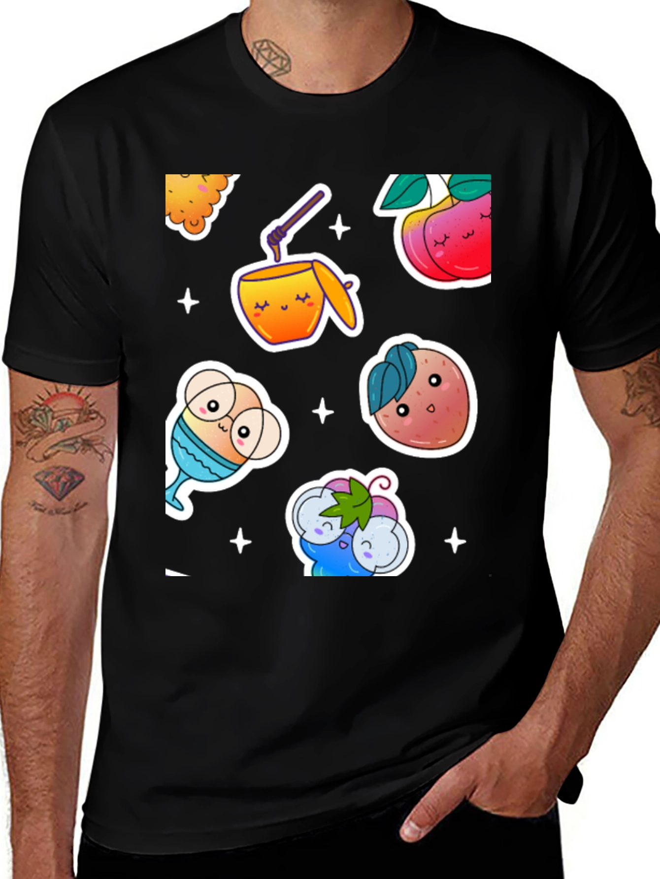 Kawaii Fruit & Drinks Graphic Black T-Shirt
