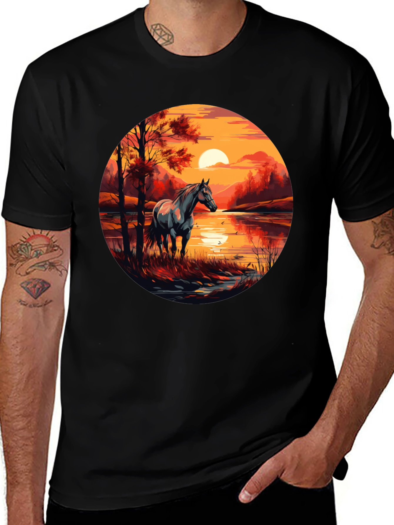 Variant 11 of Horse Sunset Graphic Black T-Shirt