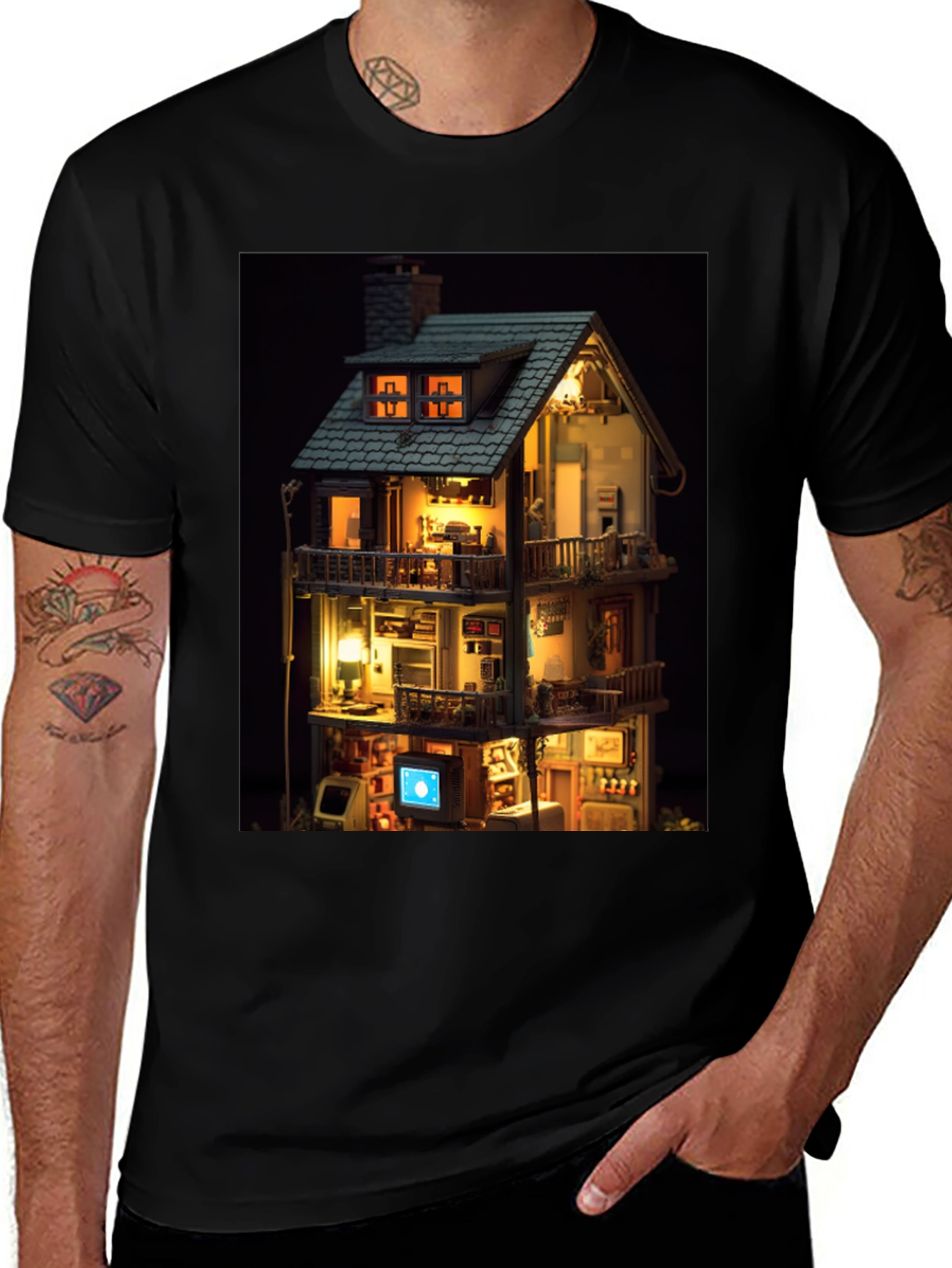 Black Architectural Dollhouse Graphic Tee - Unique Design main image