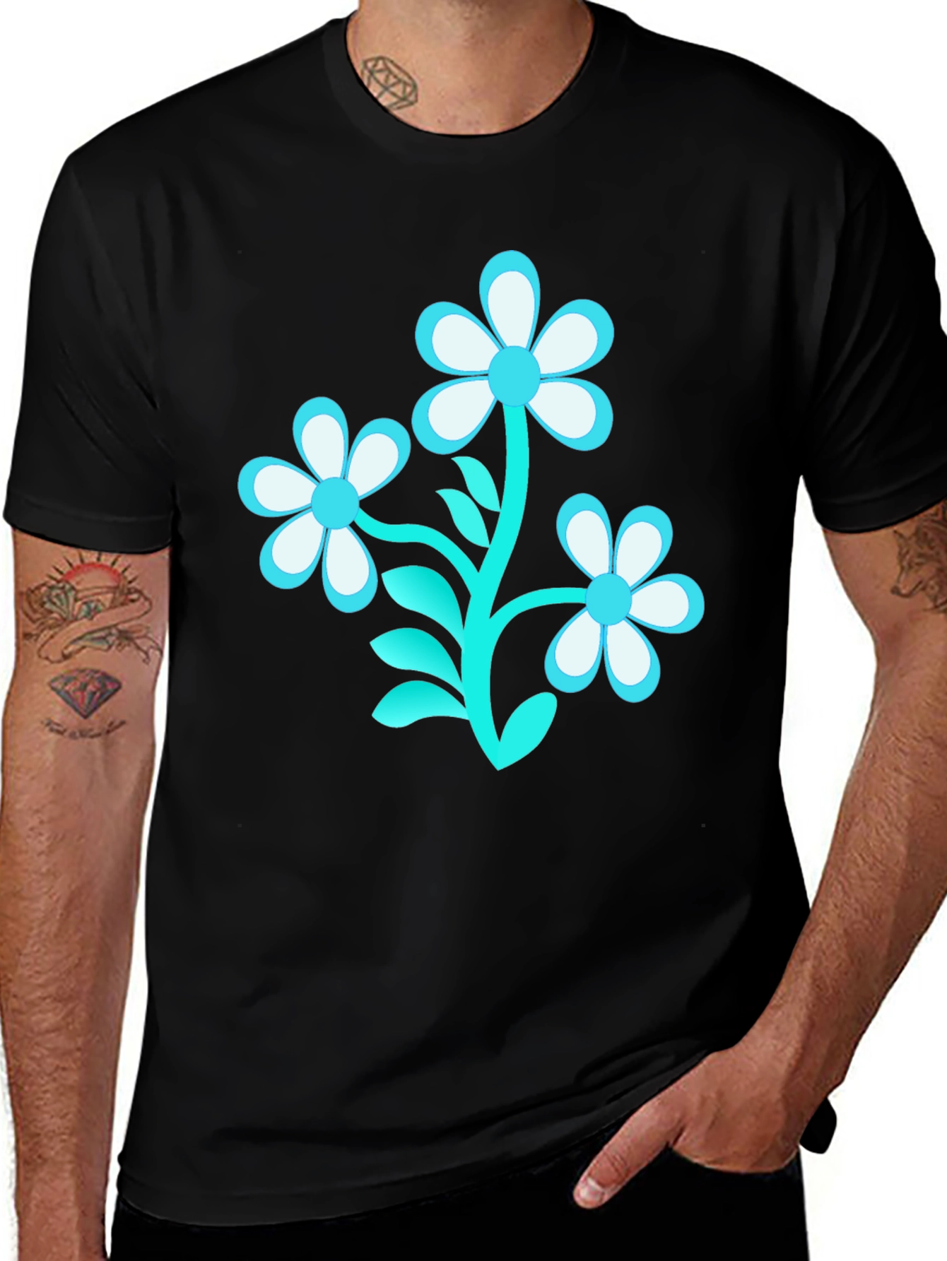 Variant 28 of Black T-Shirt with Turquoise Floral Design