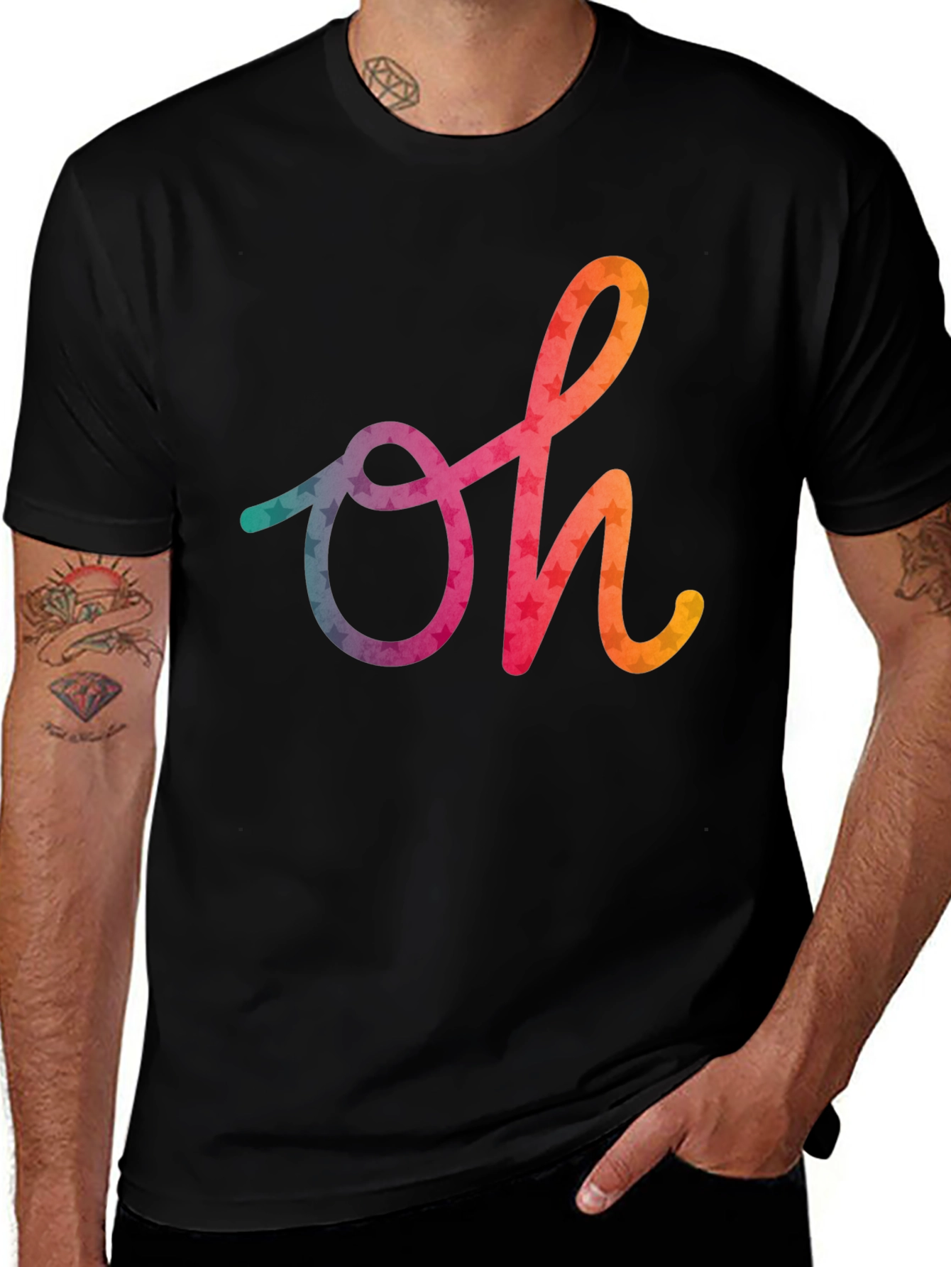 Variant 15 of Trendy Black T-Shirt with Colorful Oh Graphic