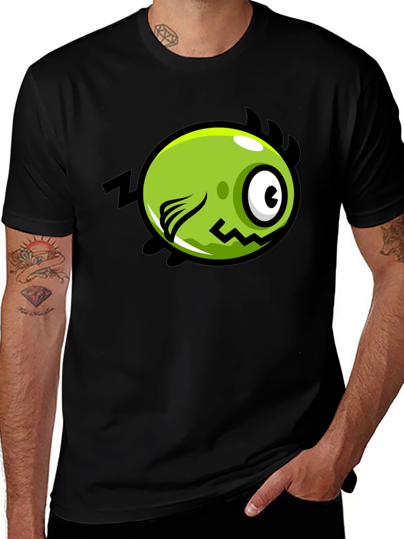 Funky Green Monster Graphic Print Black T-Shirt