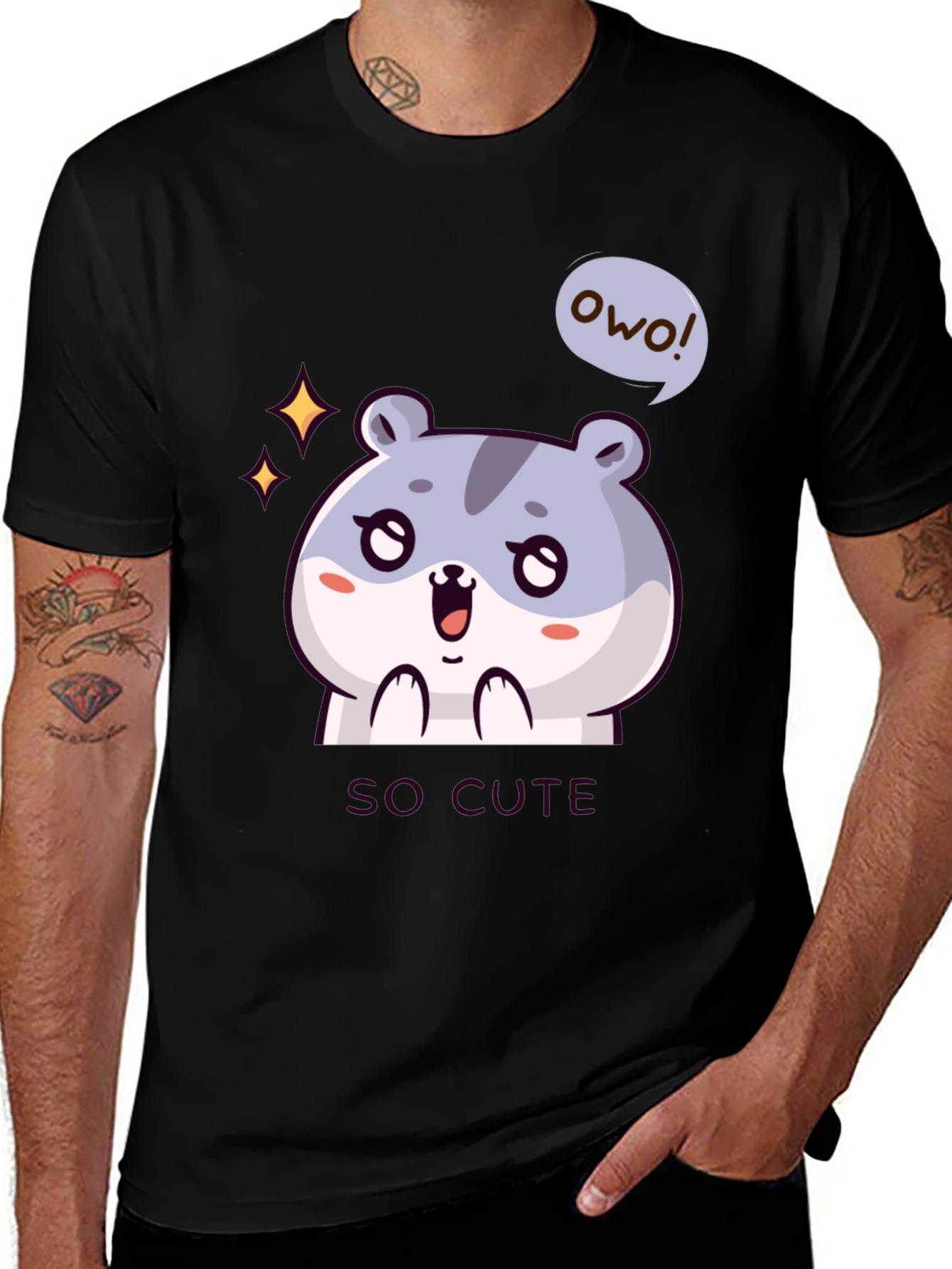 Variant 18 of Cute Hamster Graphic Tee - "OWO! So Cute!" Black T-Shirt