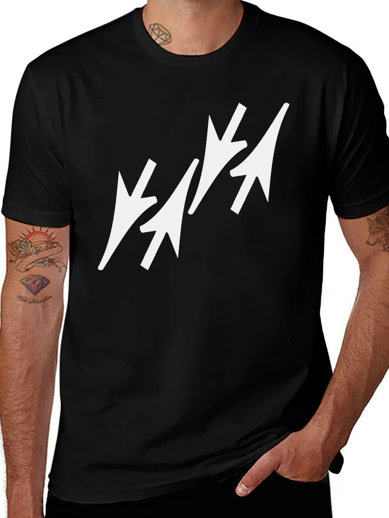 Variant 29 of Black T-Shirt with Abstract White Arrow Design