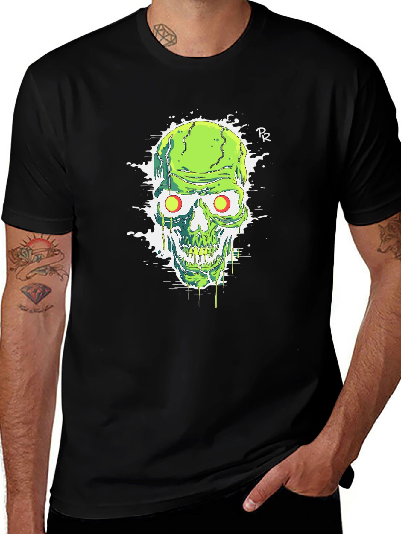 Variant 19 of Green Skull Graphic Tee - Men's Black T-Shirt