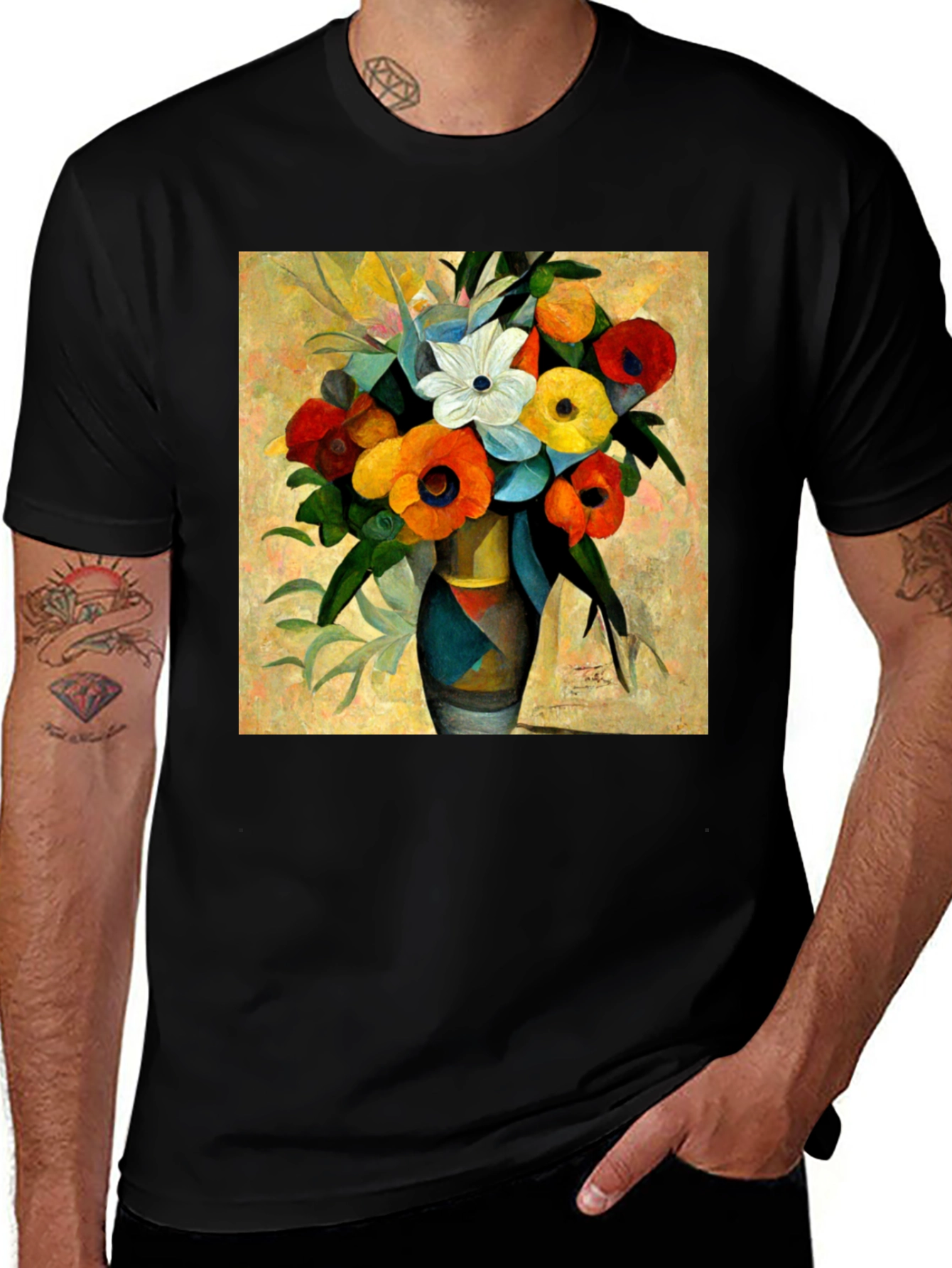 Black Floral Vase Print Black T-Shirt main image