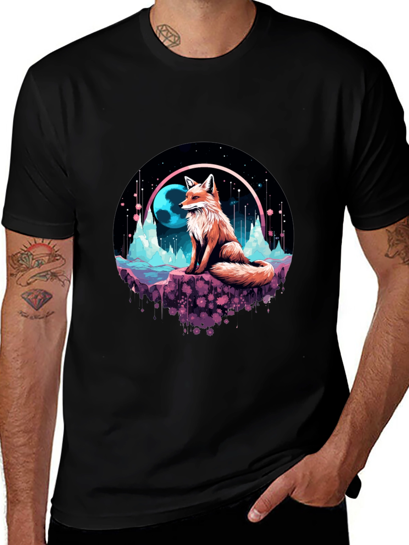Variant 20 of Fox & Moon Graphic Tee - Black Cotton Blend
