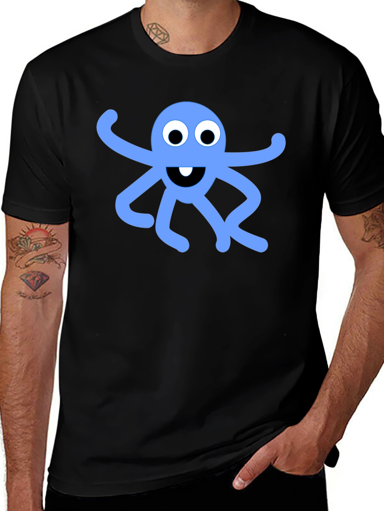 Black T-Shirt with Blue Octopus Graphic