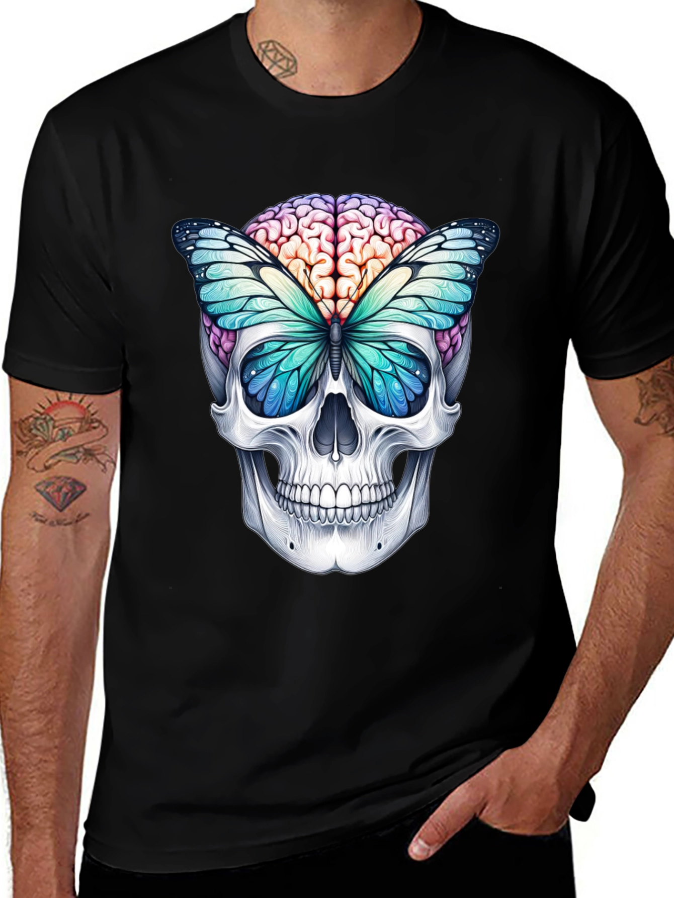 Skull Brain Butterfly Graphic Tee - Unique Design