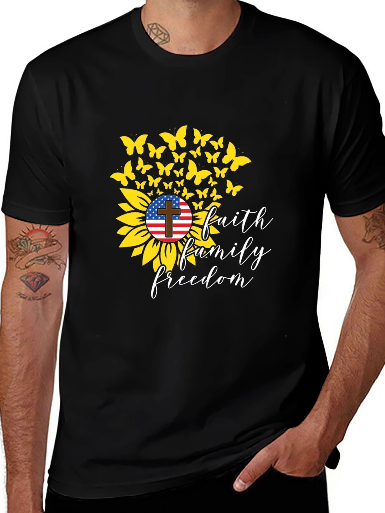 Variant 2 of Faith Family Freedom Sunflower USA Flag Christian T-Shirt