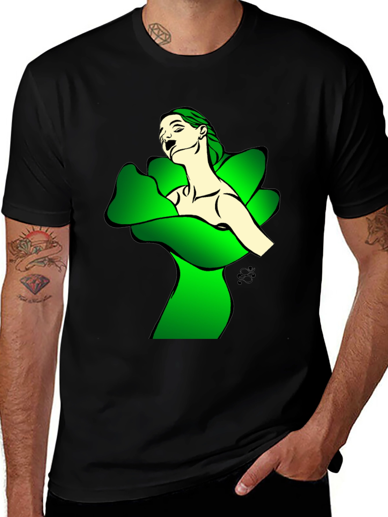 Variant 18 of Artistic Woman in Green Petals Black T-Shirt