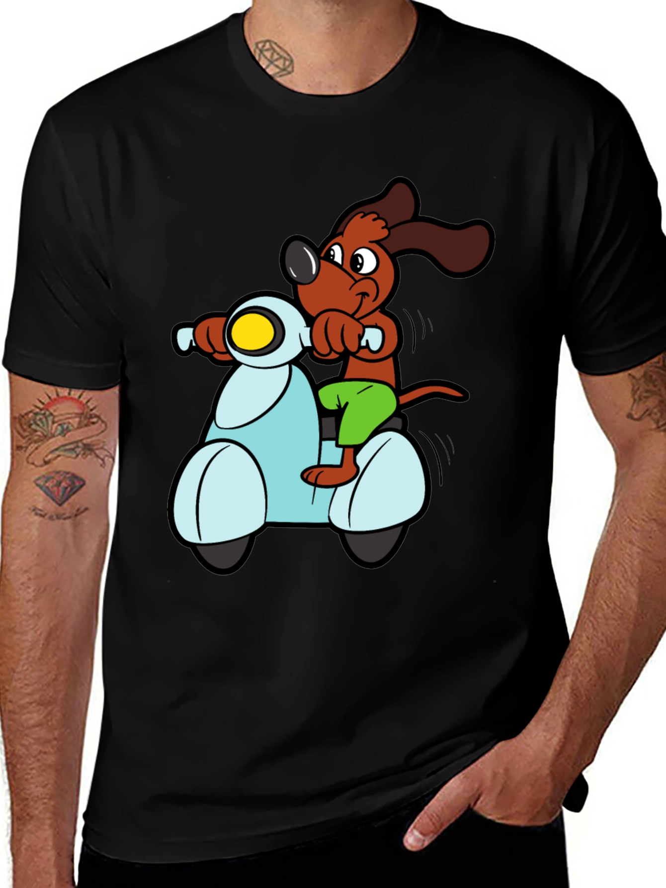 Variant 12 of Dog on Scooter Graphic Tee - Black Cotton T-Shirt