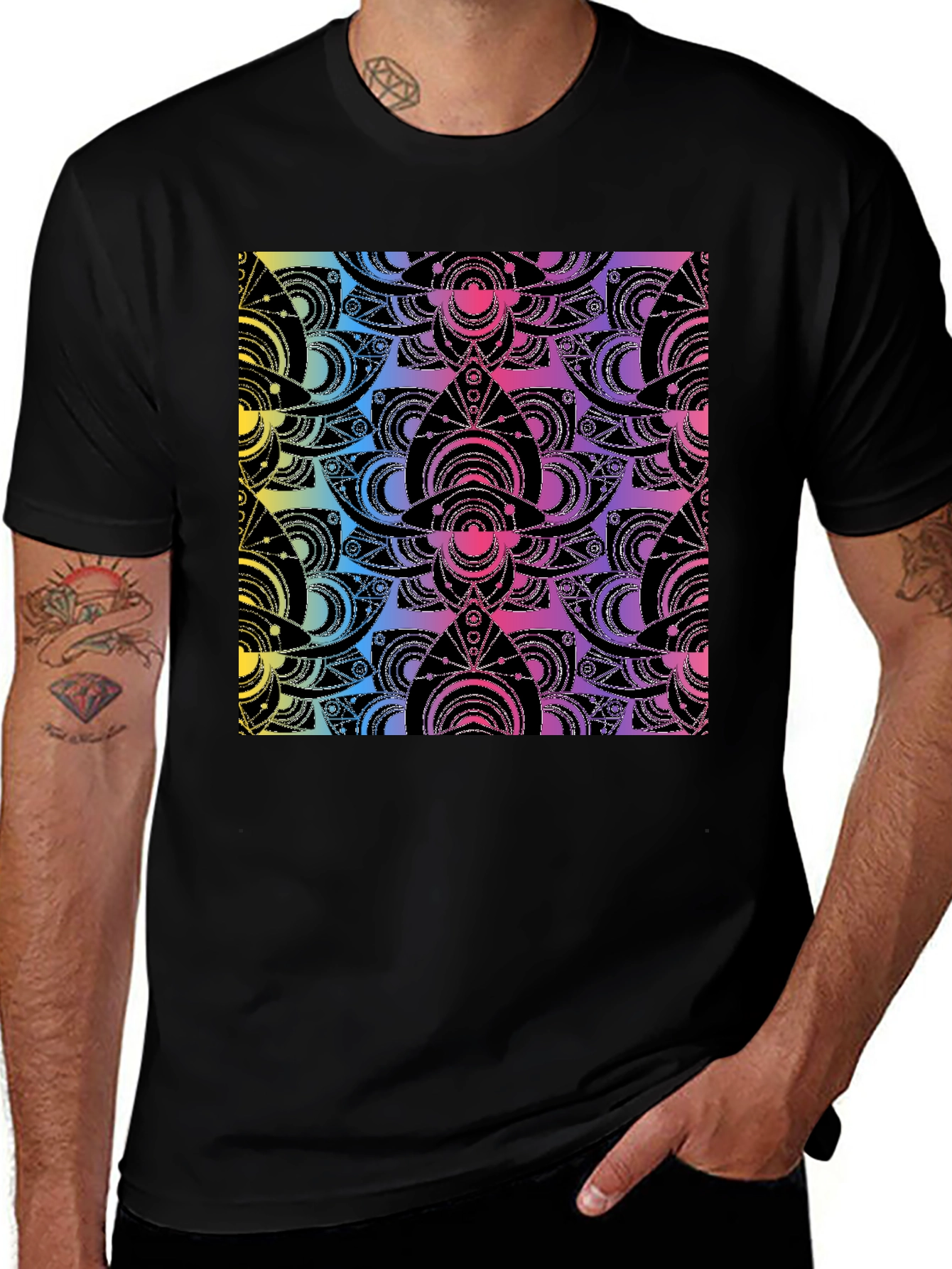 Variant 22 of Rainbow Mandala Print Black T-Shirt