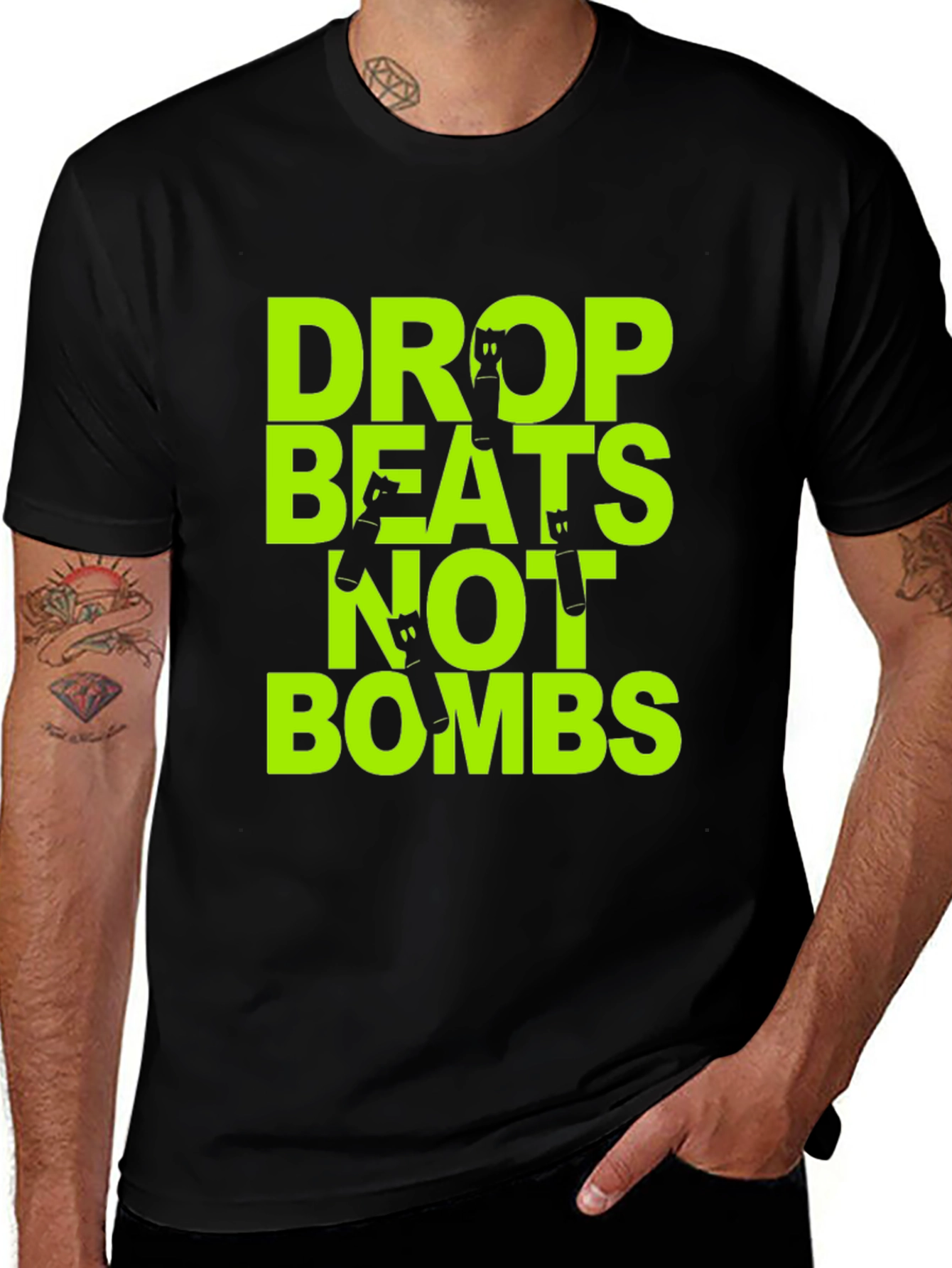 Variant 4 of Drop Beats Not Bombs Graphic Tee - Black T-Shirt