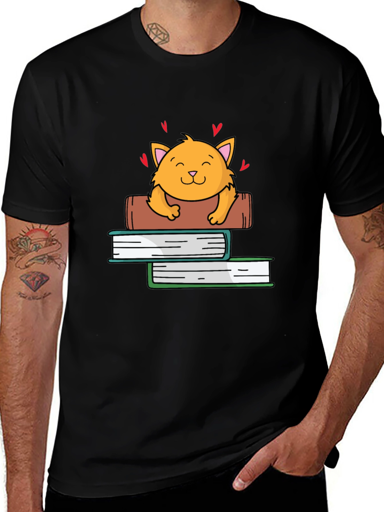 Black Cute Cat on Books Graphic Tee main image