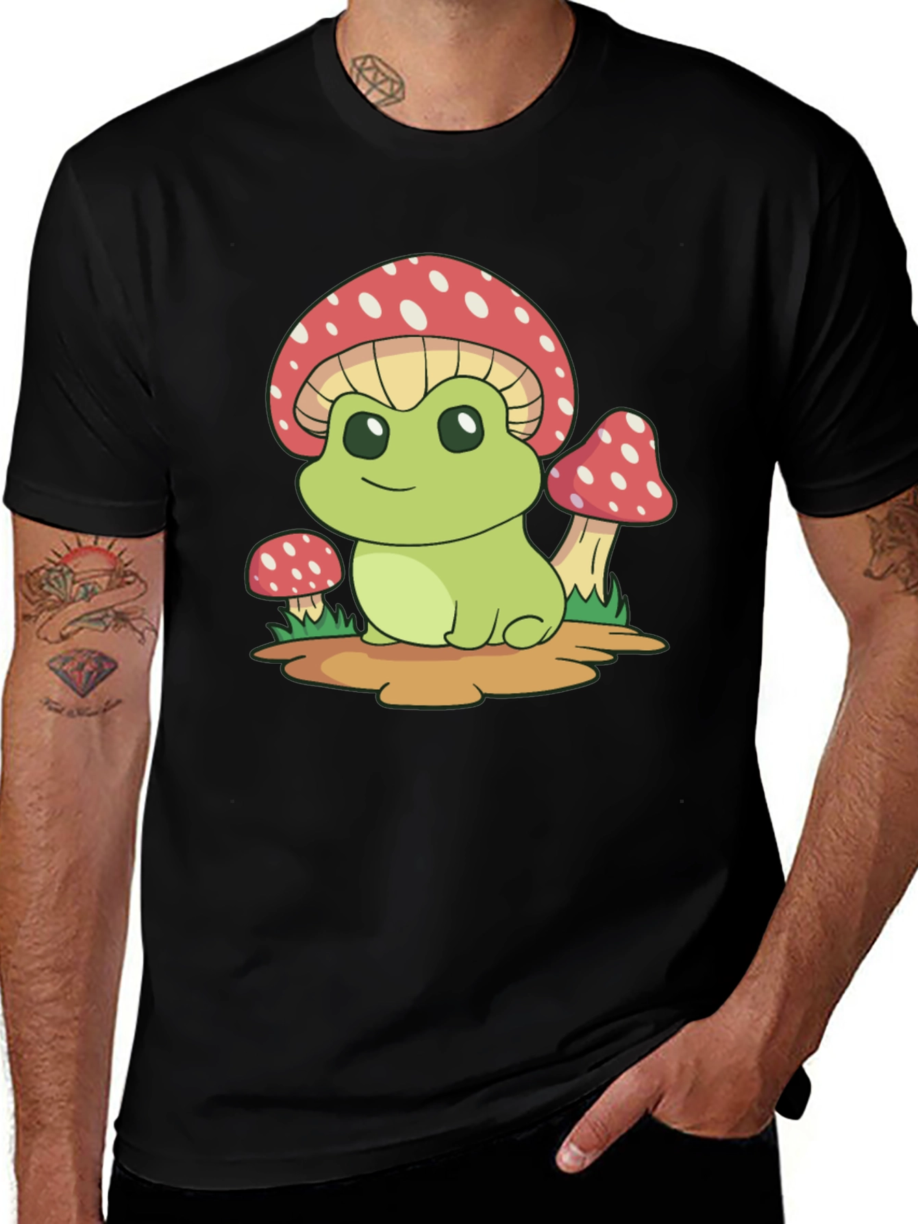 Variant 4 of Frog Mushroom Graphic Tee - Black Cotton Blend