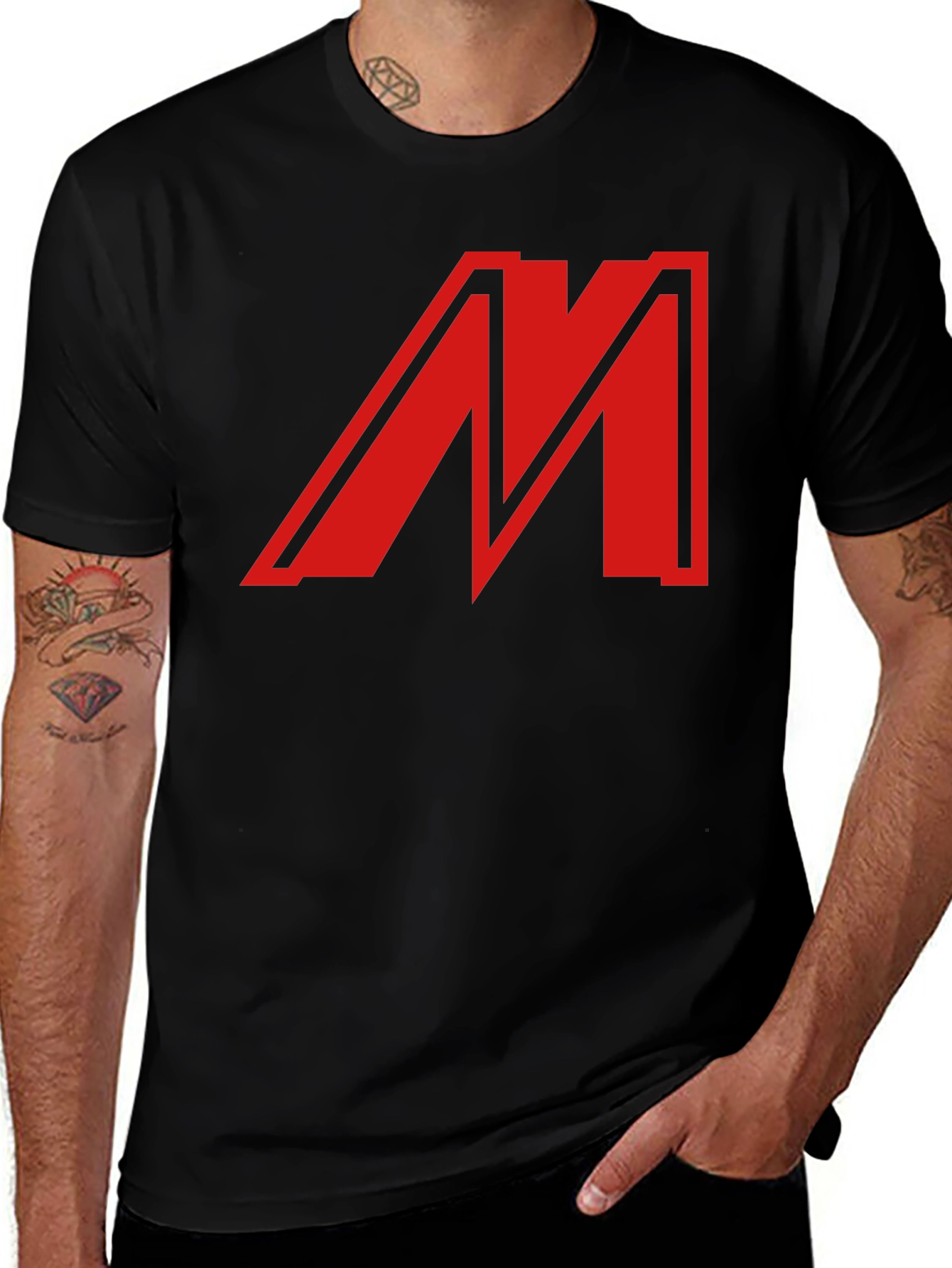 Variant 6 of Bold Red "M" Graphic Black T-Shirt - Classic Style