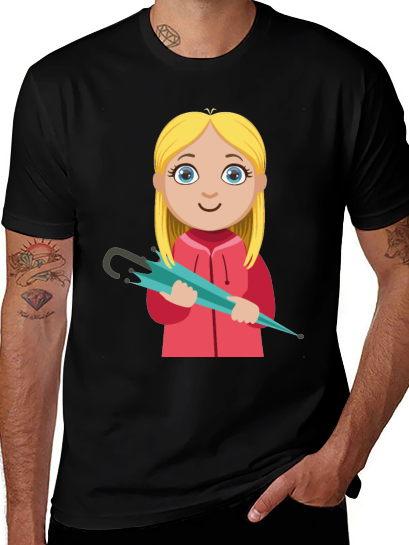 Variant 25 of Cartoon Girl with Umbrella Black T-Shirt