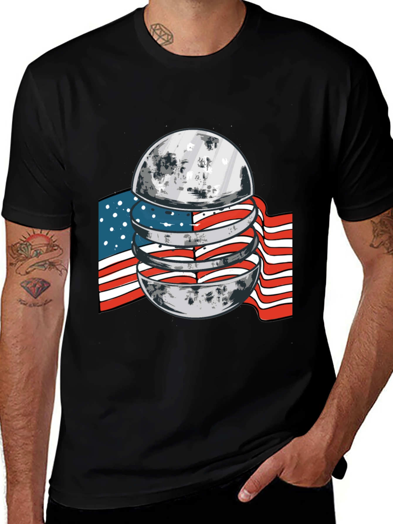 Variant 4 of American Flag Moon Graphic Black T-Shirt