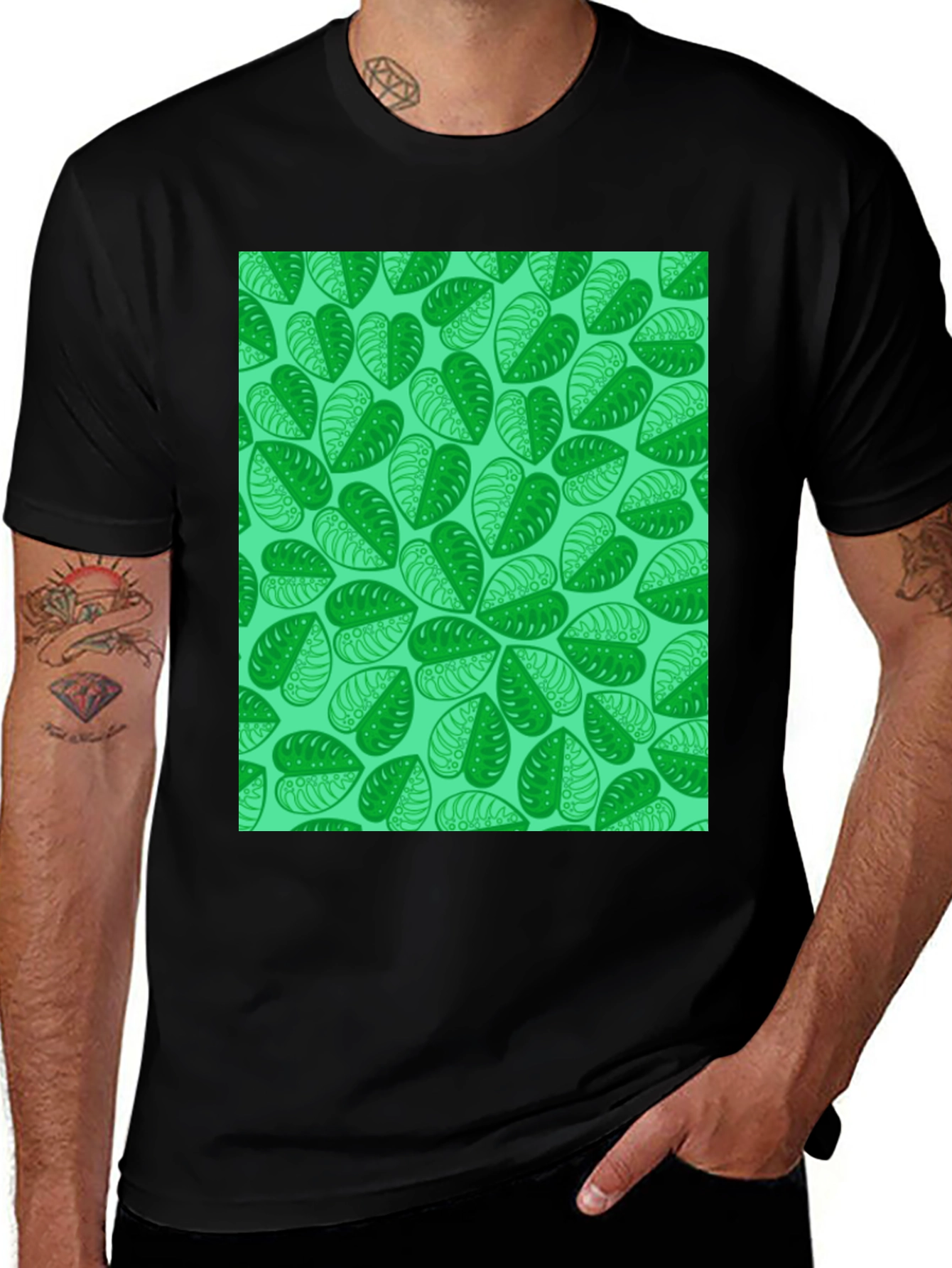 Variant 17 of Green Leaf Print Black T-Shirt