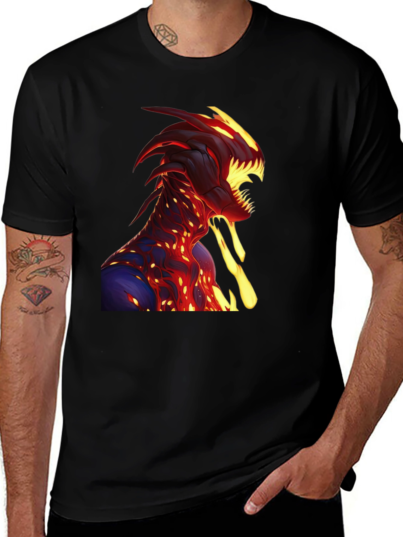 Variant 13 of Fiery Monster Graphic Black Tee