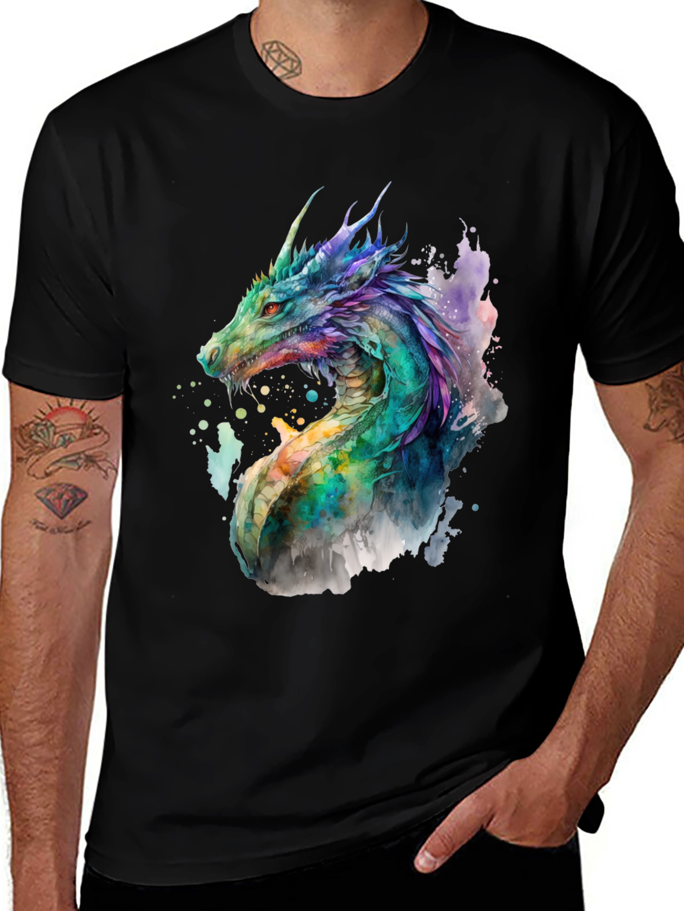 Variant 27 of Watercolor Dragon Graphic Tee - Black